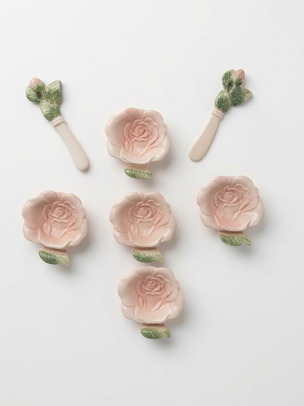 Fitz and Floyd Pink Rose Canape Dish Set with Spreader Knives 7 Piece
